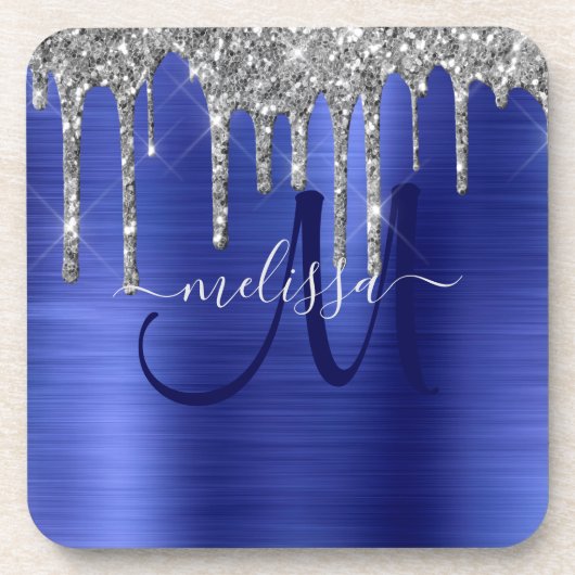 Girly Blue Dripping Glitzer Brush Metal Monogram Getränkeuntersetzer (Vorderseite)