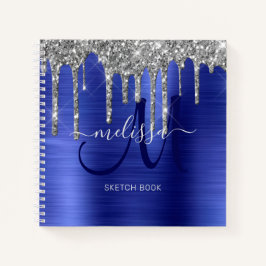 Girly Blue Dripping Glitzer Brush Metal Monogram Notizblock