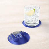Girly Blue Dripping Glitzer Brush Metal Monogram Runder Pappuntersetzer (Vor Ort)