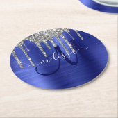Girly Blue Dripping Glitzer Brush Metal Monogram Runder Pappuntersetzer (Angewinkelt)