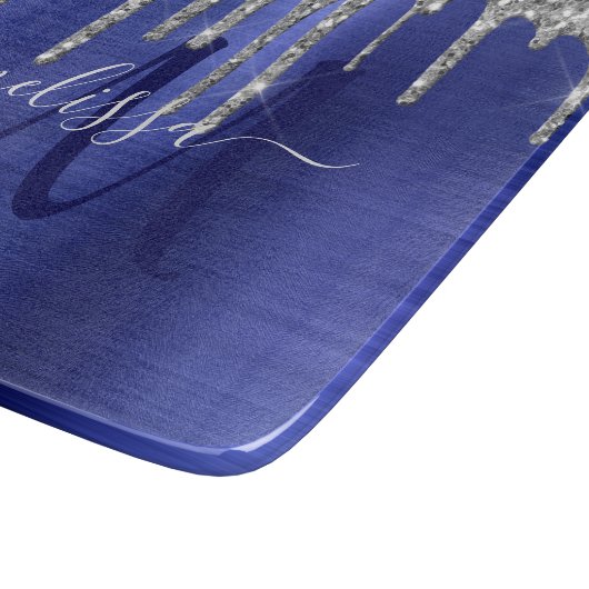 Girly Blue Dripping Glitzer Brush Metal Monogram Schneidebrett (Ecke)