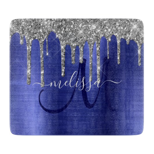 Girly Blue Dripping Glitzer Brush Metal Monogram Schneidebrett (Vorderseite)
