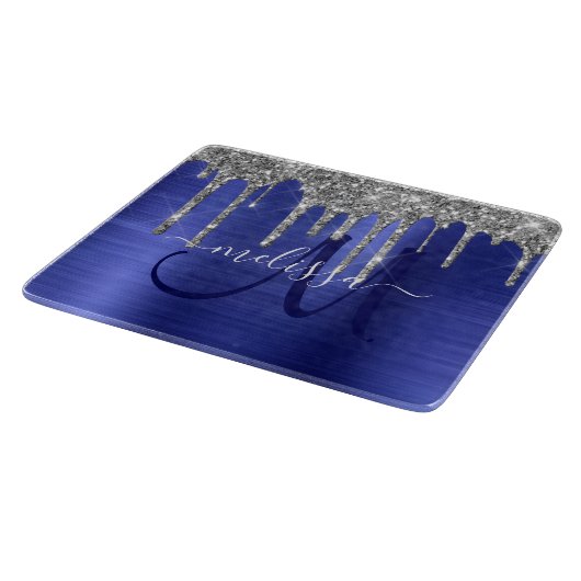 Girly Blue Dripping Glitzer Brush Metal Monogram Schneidebrett (Ecke)