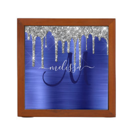 Girly Blue Dripping Glitzer Brush Metal Monogram Stifthalter