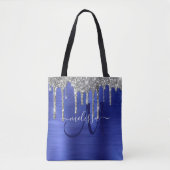 Girly Blue Dripping Glitzer Brush Metal Monogram Tasche (Vorderseite)