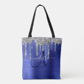 Girly Blue Dripping Glitzer Brush Metal Monogram Tasche (Rückseite)