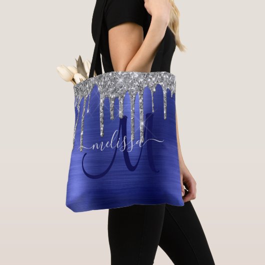 Girly Blue Dripping Glitzer Brush Metal Monogram Tasche (Von Nahem)