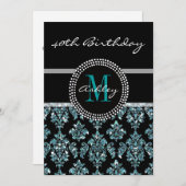 Girly Blue Glitzer Black Damask 40. Geburtstag Einladung (Vorne/Hinten)