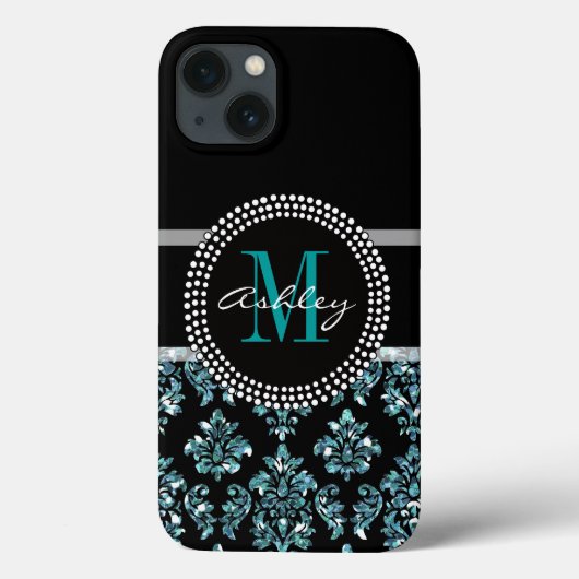 Girly Blue Glitzer Black Damask Personalisiert Case-Mate iPhone Hülle (Rückseite)