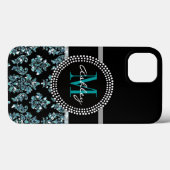 Girly Blue Glitzer Black Damask Personalisiert Case-Mate iPhone Hülle (Rückseite (Horizontal))