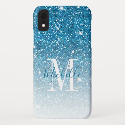 Girly Blue Glitzer Glitzern Monogram Script Name Case-Mate iPhone Hülle (Rückseite)