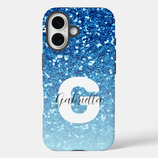 Girly Blue Glitzer Glitzern Monogram Script Name Case-Mate iPhone Hülle (Rückseite)