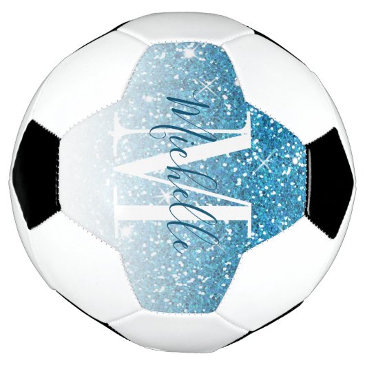 Girly Blue Glitzer Glitzern Monogram Script Name Fußball (Gedreht)