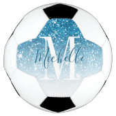 Girly Blue Glitzer Glitzern Monogram Script Name Fußball (Vorderseite)