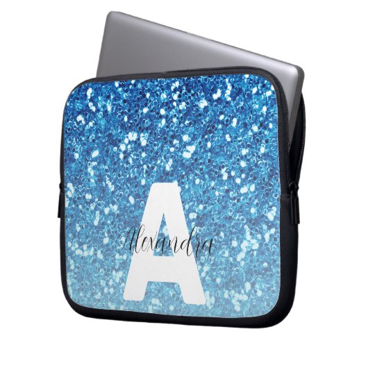 Girly Blue Glitzer Glitzern Monogram Script Name Laptopschutzhülle (Vorderseite Links)