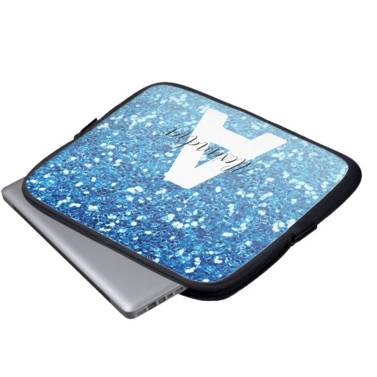 Girly Blue Glitzer Glitzern Monogram Script Name Laptopschutzhülle (Vorne Knopf)