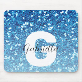 Girly Blue Glitzer Glitzern Monogram Script Name Mousepad
