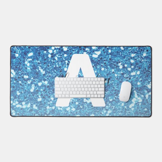 Girly Blue Glitzer Glitzern Monogram Script Name Schreibtischunterlage (Tastatur & Maus)