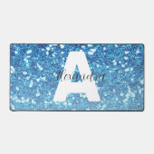 Girly Blue Glitzer Glitzern Monogram Script Name Schreibtischunterlage (Vorderseite)