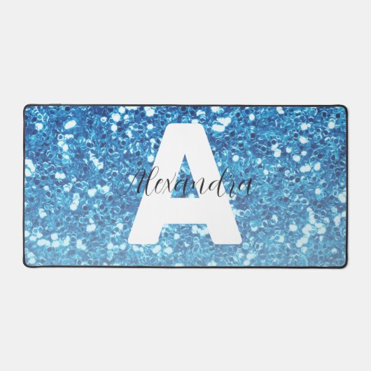Girly Blue Glitzer Glitzern Monogram Script Name Schreibtischunterlage (Vorderseite)