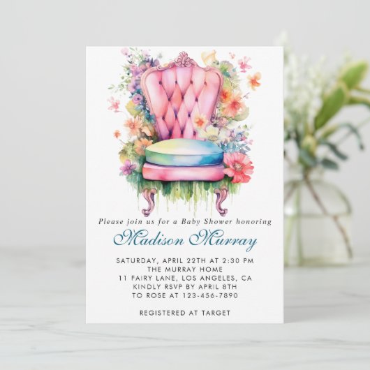 Girly Blue & Pink Floral Blume Babydusche Einladung (Stehend Vorderseite)