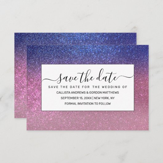Girly Blue Pink Funkelnd Glitzer Ombre Gradient Save The Date (Vorne/Hinten)