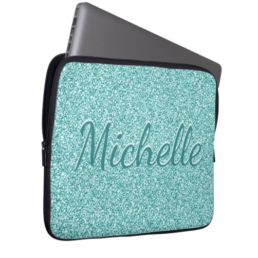 Girly Blue Sparkle Monogram Name Laptopschutzhülle (Vorne Rechts)