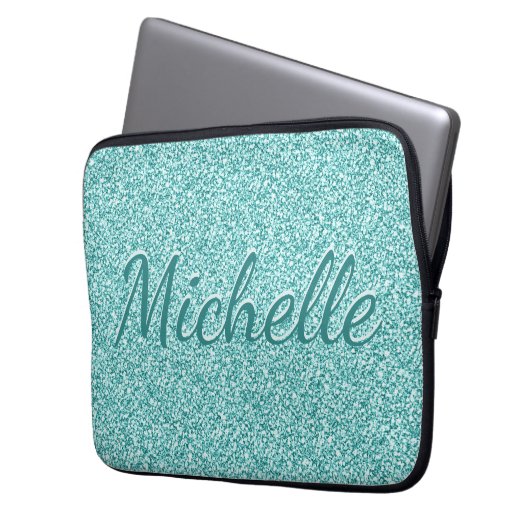 Girly Blue Sparkle Monogram Name Laptopschutzhülle (Vorderseite Links)