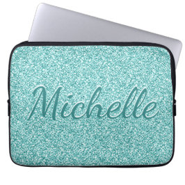 Girly Blue Sparkle Monogram Name Laptopschutzhülle