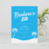 Girly Blue Summer Beach Palm 16. Geburtstag Einladung (Stehend Vorderseite)