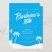 Girly Blue Summer Beach Palm 16. Geburtstag Einladung (Vorne/Hinten)