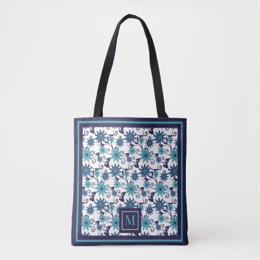 Girly Blue Turquoise Floral Pattern Monogram Tasche (Vorderseite)