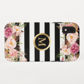 Girly Blumengoldmonogramm-Schwarz-weiße Streifen Case-Mate iPhone Hülle (Rückseite (Horizontal))