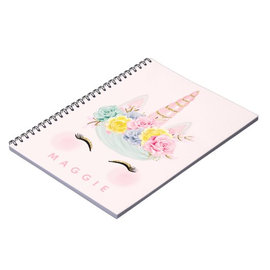 Girly Blumenunicorn-Rosa-Gold personalisiert Notizblock (Linke Seite)