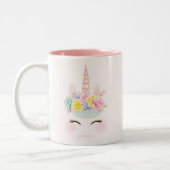 Girly Blumenunicorn-Rosa-Gold personalisiert Zweifarbige Tasse (Links)