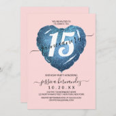 Girly Blush Blue Glitzer Herzblühen Ballon Quinceñ Einladung (Vorne/Hinten)