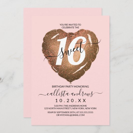Girly Blush Gold Glitzer Herzballon Sweet 16 Einladung (Vorne/Hinten)