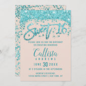 Girly Blush Pink Aqua Blauer Glitzer Staubmilch 16 Einladung (Vorne/Hinten)