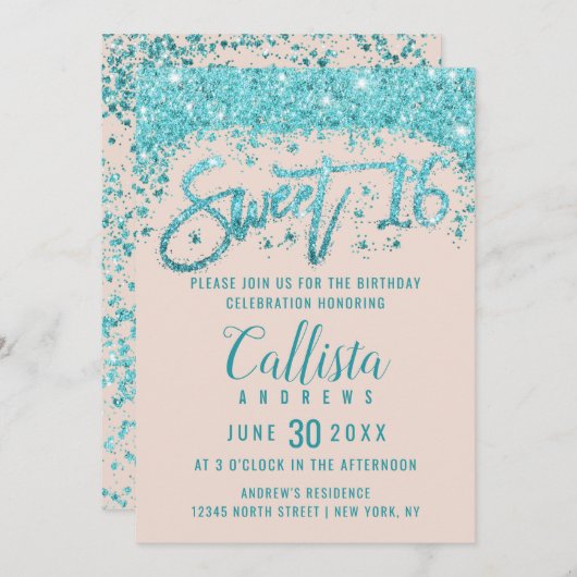 Girly Blush Pink Aqua Blauer Glitzer Staubmilch 16 Einladung (Vorne/Hinten)