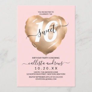 Girly Blush Pink Gold Foil Herzballon Sweet 16 Einladung