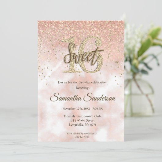 Girly Blush Pink Gold Glitzer Sparkle Sweet 16 Einladung (Stehend Vorderseite)