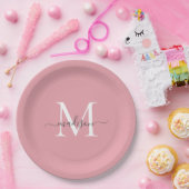 Girly Blush Pink Grau Monogram Elegantes Skript Na Pappteller (Party)
