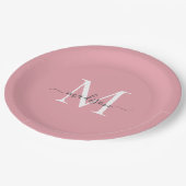 Girly Blush Pink Grau Monogram Elegantes Skript Na Pappteller (Schrägansicht)