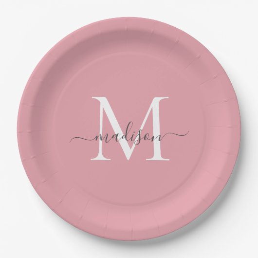 Girly Blush Pink Grau Monogram Elegantes Skript Na Pappteller (Vorderseite)