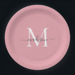 Girly Blush Pink Gray Monogram Eleganter Script Na Pappteller<br><div class="desc">Einfache,  moderne,  rosa,  graue Monogramm Feminine Script Name Paper Plate</div>
