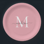 Girly Blush Pink Gray Monogram Eleganter Script Na Pappteller<br><div class="desc">Einfache,  moderne,  rosa,  graue Monogramm Feminine Script Name Paper Plate</div>