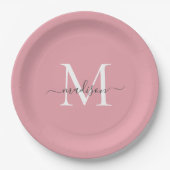 Girly Blush Pink Gray Monogram Eleganter Script Na Pappteller (Vorderseite)