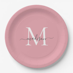 Girly Blush Pink Gray Monogram Eleganter Skriptnam Pappteller