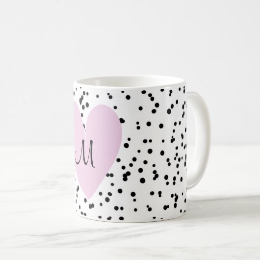 Girly Blush Pink Heart Monogram Spotty Background Kaffeetasse (VorderseiteRechts)
