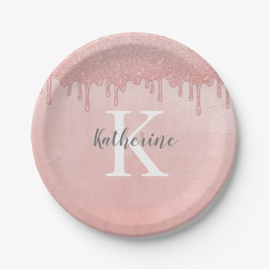 Girly Blush Pink Monogram Drilling Glitzer Pappteller (Vorderseite)